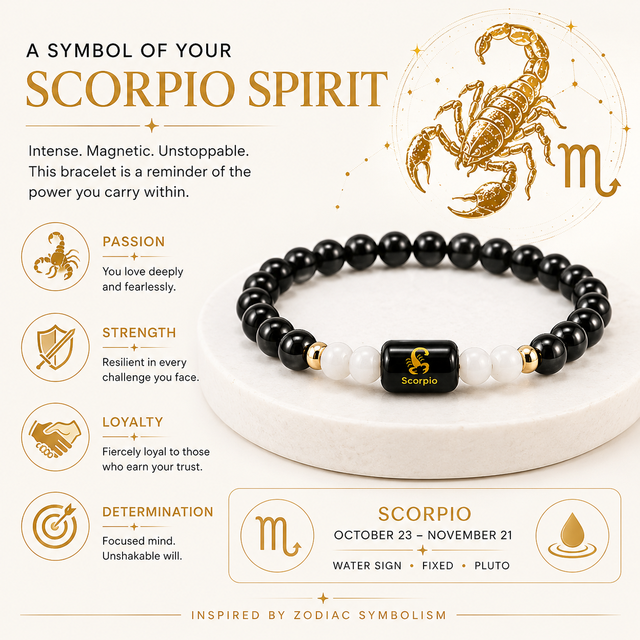 Scorpio Zodiac Bracelet | Black Obsidian & Milky Quartz | Vrishchik Rashi