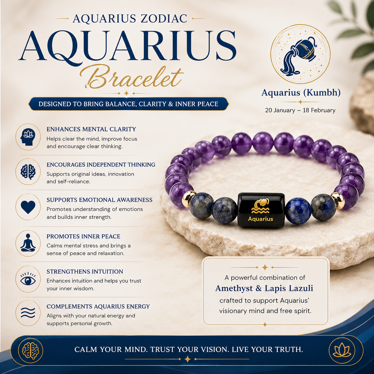 Aquarius Zodiac Bracelet | Amethyst & Lapis Lazuli | Kumbh Rashi
