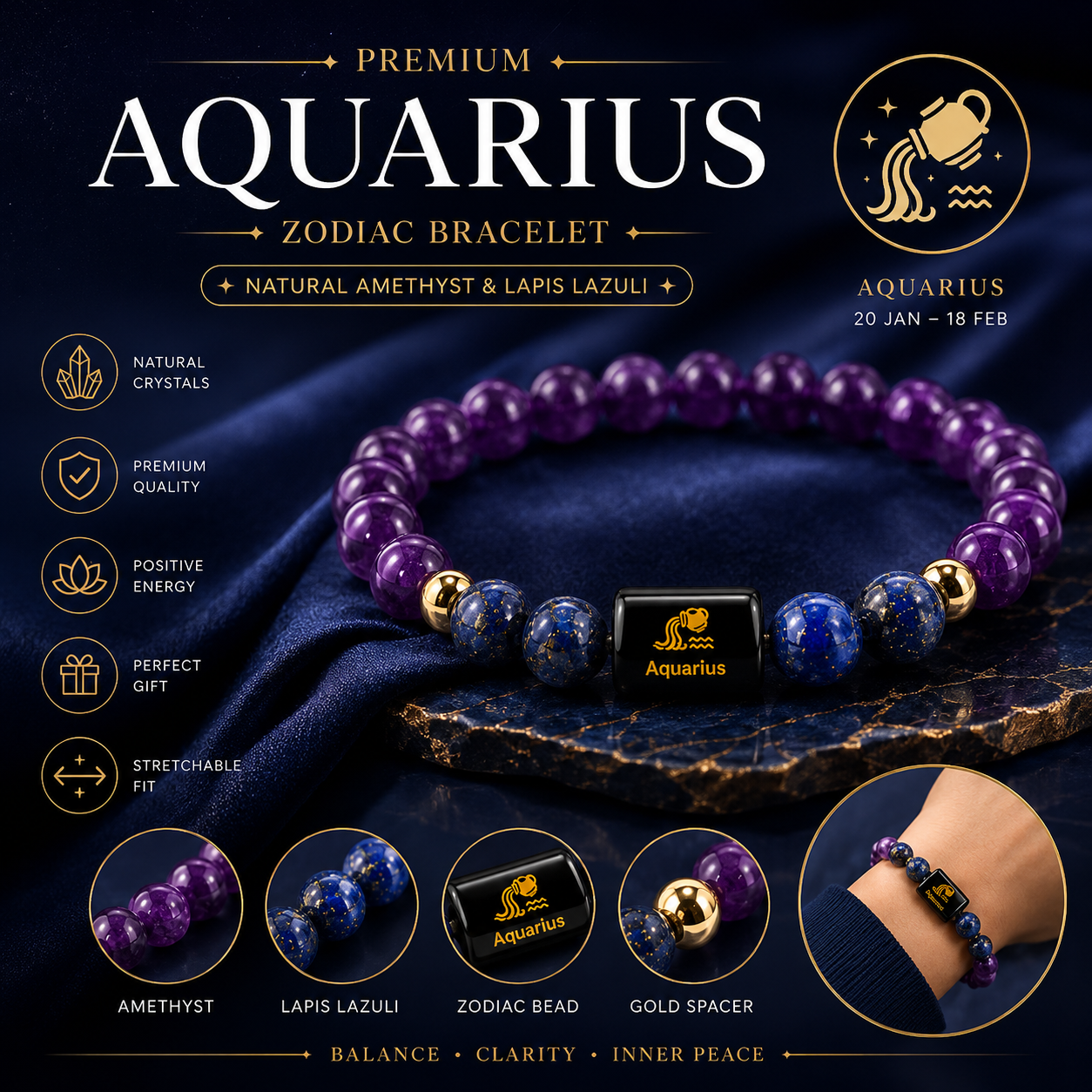 Aquarius Zodiac Bracelet | Amethyst & Lapis Lazuli | Kumbh Rashi