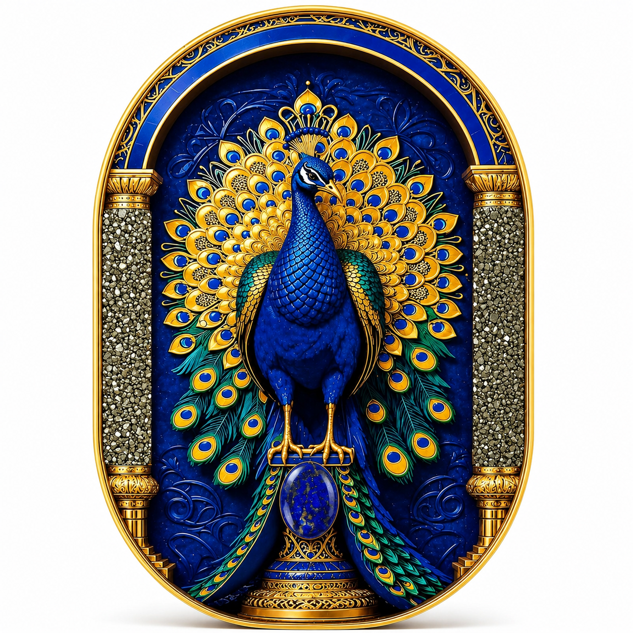 Pyrite & Lapis Lazuli Peacock Frame | Handcrafted Crystal Wall Art | 29×19 cm