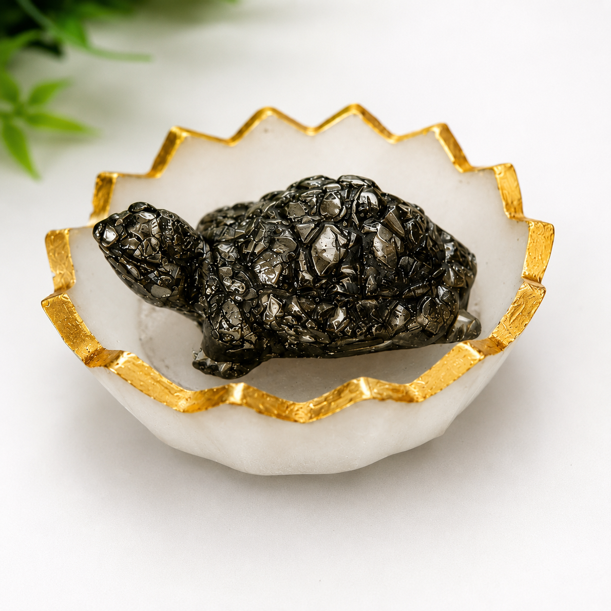 Pyrite Tortoise in Selenite Bowl | Vastu Prosperity Combo with Free Rudraksha