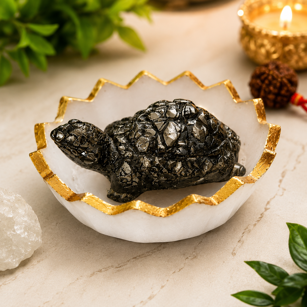 Pyrite Tortoise in Selenite Bowl | Vastu Prosperity Combo with Free Rudraksha