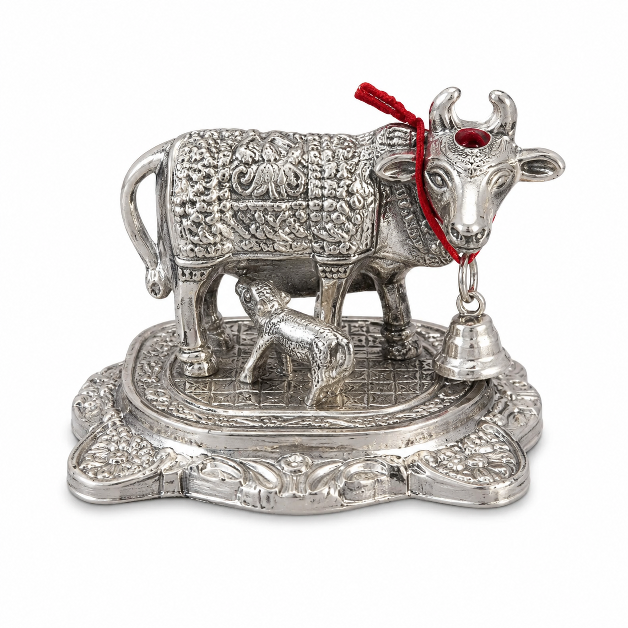 Silver-Plated Kamadhenu Cow & Calf Idol for Pooja Room & Home