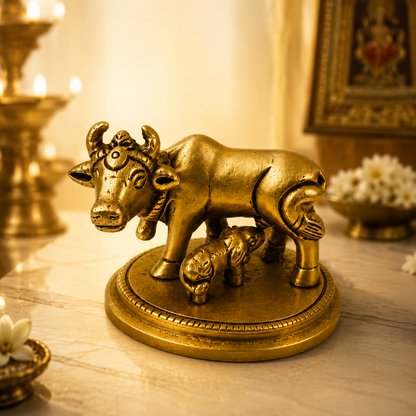 Kamdhenu Cow with Calf Brass Idol | Premium Vastu Décor for Home Temple & Office