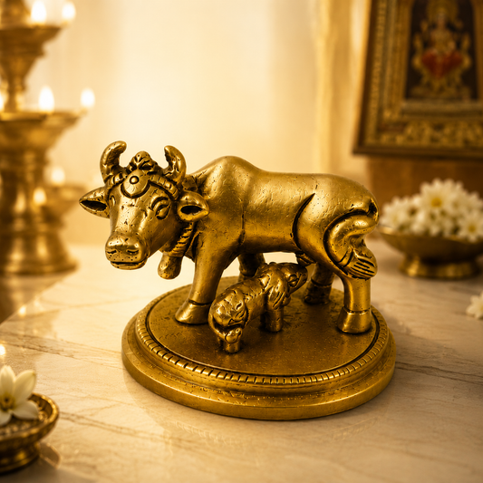 Kamdhenu Cow with Calf Brass Idol | Premium Vastu Décor for Home Temple & Office