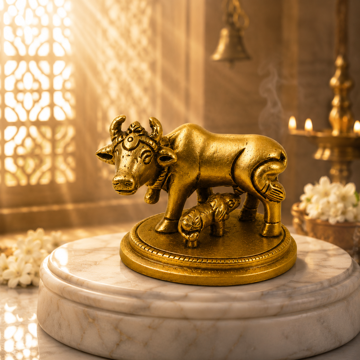 Kamdhenu Cow with Calf Brass Idol | Premium Vastu Décor for Home Temple & Office