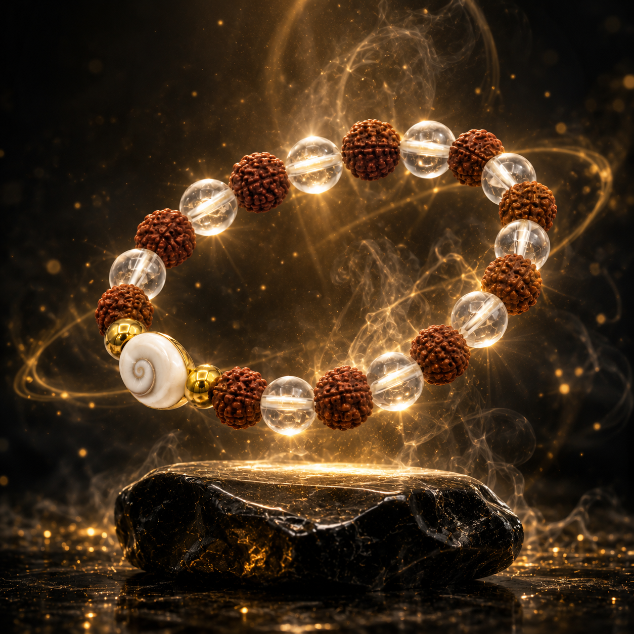 Original Rudraksha Clear Quartz Gomti Chakra Bracelet | Spiritual Protection & Positive Energy