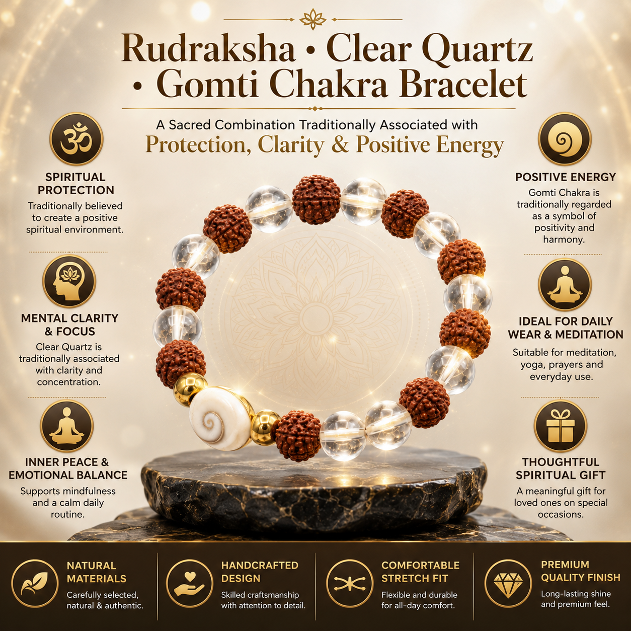 Original Rudraksha Clear Quartz Gomti Chakra Bracelet | Spiritual Protection & Positive Energy