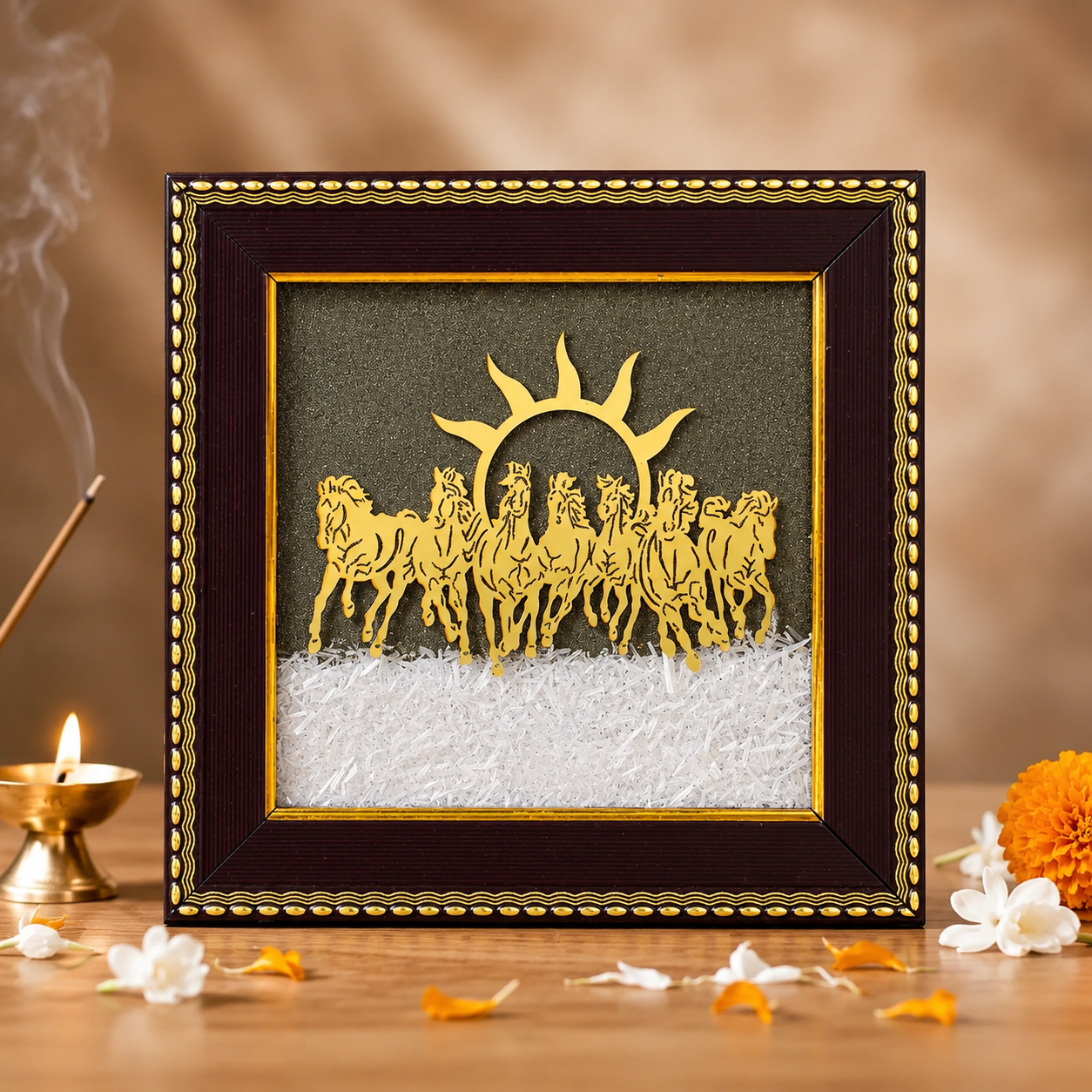 7 Horses Surya Vastu Frame – Pyrite & Selenite for Success & Wealth