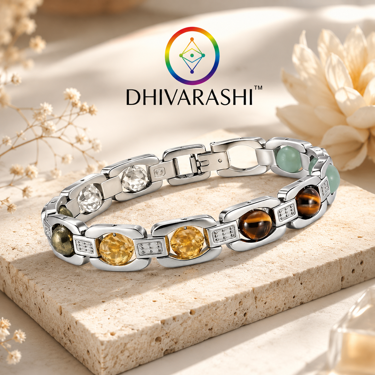 DhanYog Metal Bracelet – Pyrite, Citrine, Tiger Eye, Green Aventurine & Clear Quartz | Dhivarashi