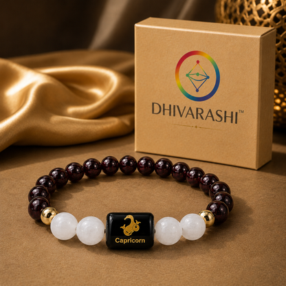 Capricorn Zodiac Bracelet – Certified Garnet & Milky Quartz | Dhivarashi