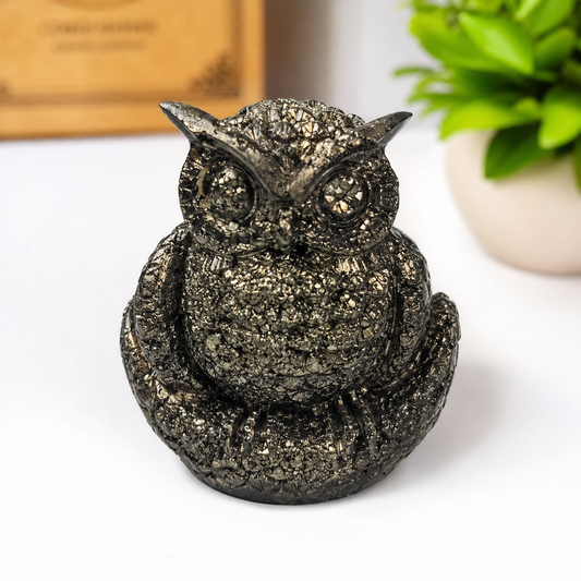 Pyrite Owl Crystal Figurine – 400g | 3 Inch | Wealth & Prosperity Stone