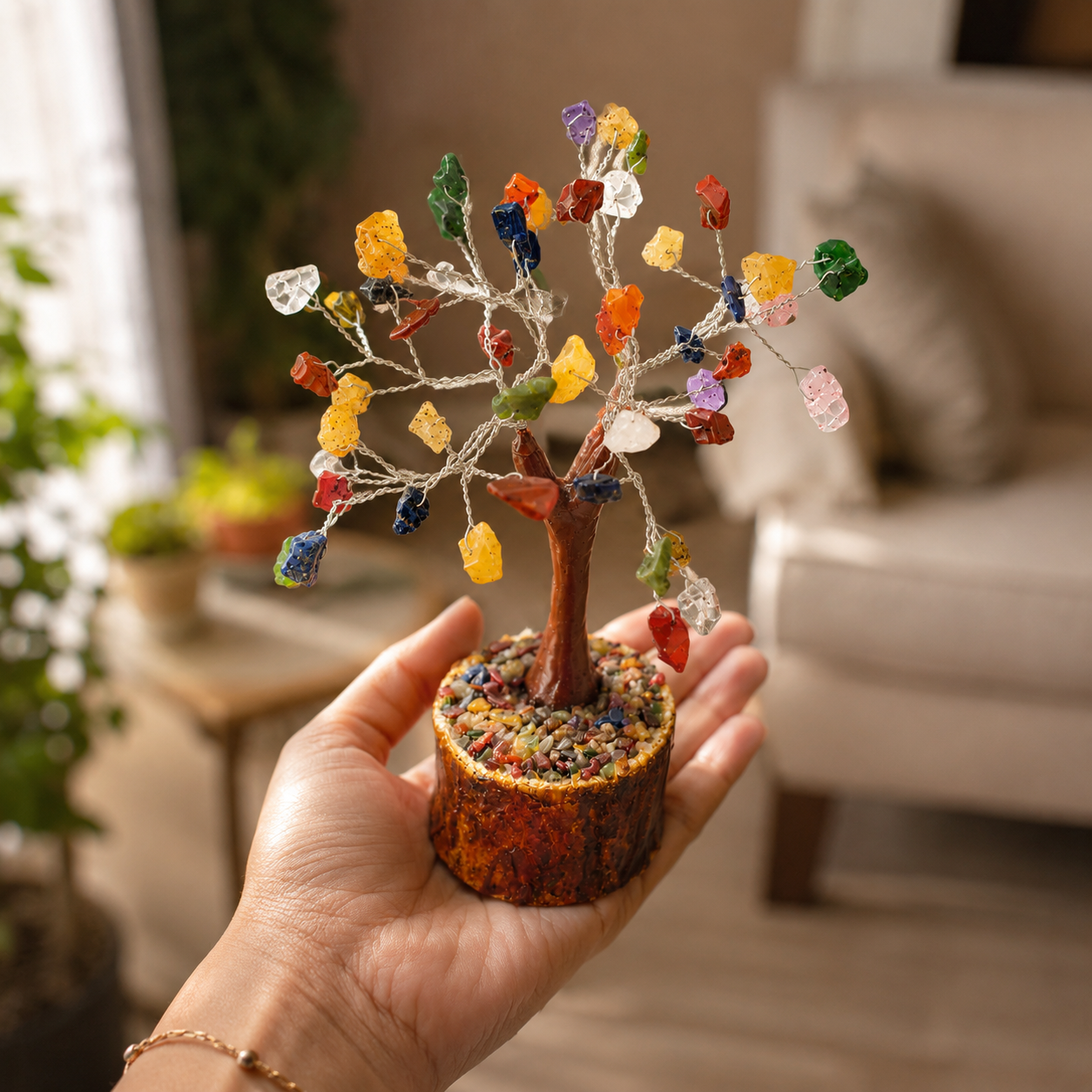 7 Chakra Crystal Tree – 50 Natural Healing Gemstones | Feng Shui & Vastu Decor | 6 Inch Handmade Tree