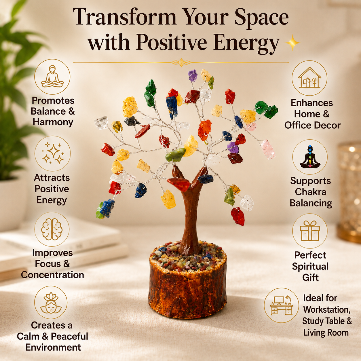 7 Chakra Crystal Tree – 50 Natural Healing Gemstones | Feng Shui & Vastu Decor | 6 Inch Handmade Tree