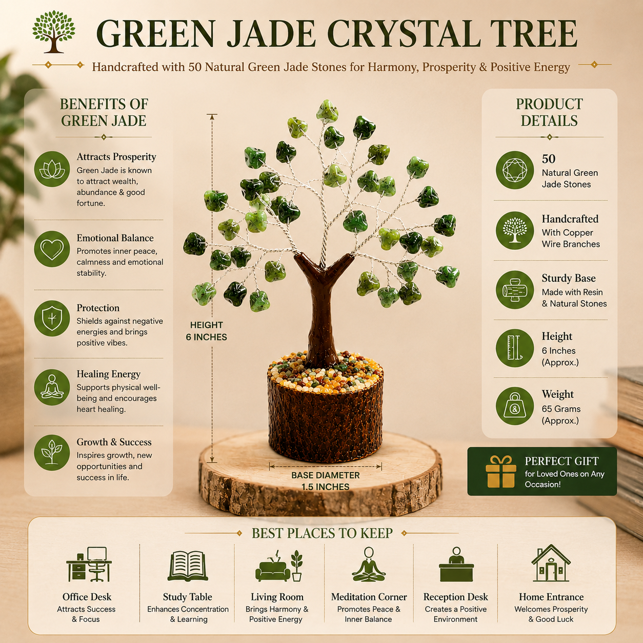 Green Jade Crystal Tree – 50 Bead Handcrafted Gemstone Tree | Prosperity & Positive Energy