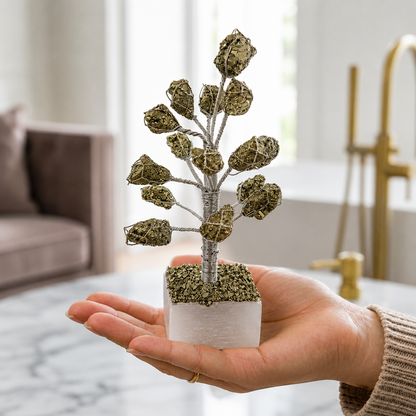 Original Raw Pyrite Crystal Money Tree on Natural Selenite Base | Handmade Prosperity Tree for Home, Office, Vastu & Luxury Décor