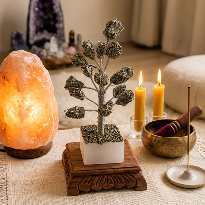 Original Raw Pyrite Crystal Money Tree on Natural Selenite Base | Handmade Prosperity Tree for Home, Office, Vastu & Luxury Décor