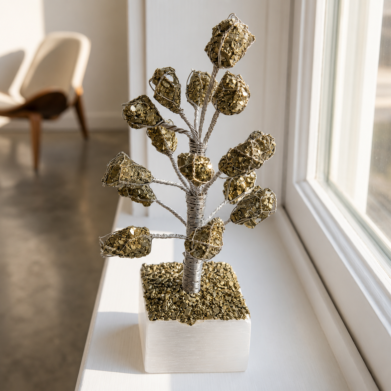 Original Raw Pyrite Crystal Money Tree on Natural Selenite Base | Handmade Prosperity Tree for Home, Office, Vastu & Luxury Décor