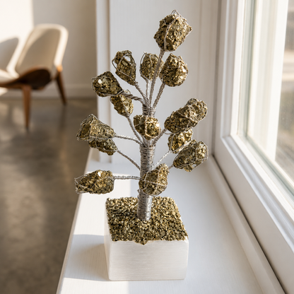 Original Raw Pyrite Crystal Money Tree on Natural Selenite Base | Handmade Prosperity Tree for Home, Office, Vastu & Luxury Décor