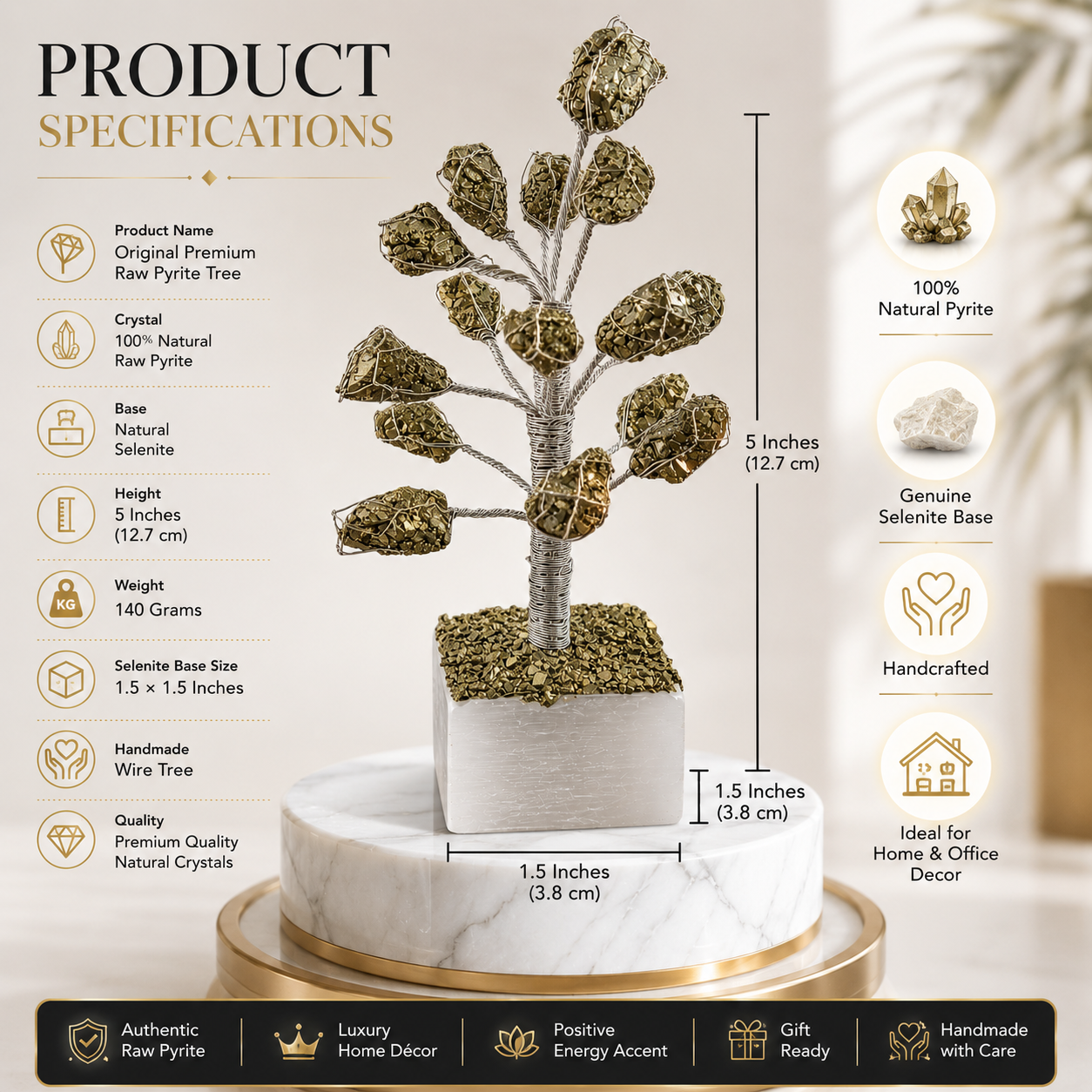 Original Raw Pyrite Crystal Money Tree on Natural Selenite Base | Handmade Prosperity Tree for Home, Office, Vastu & Luxury Décor