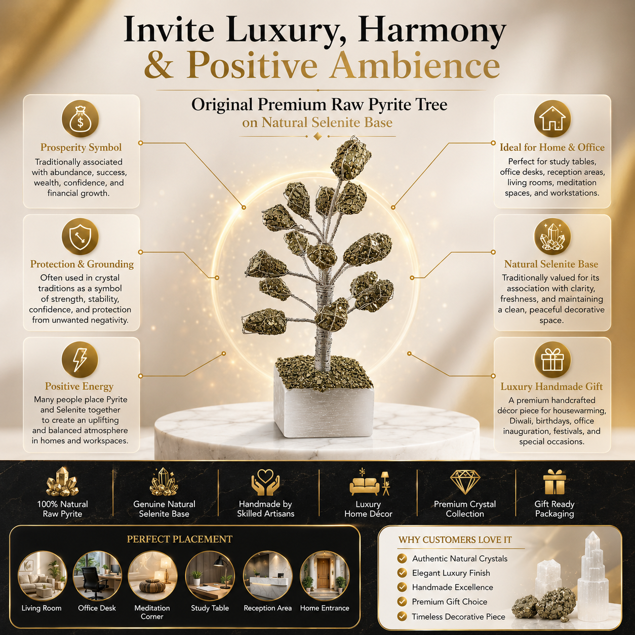Original Raw Pyrite Crystal Money Tree on Natural Selenite Base | Handmade Prosperity Tree for Home, Office, Vastu & Luxury Décor