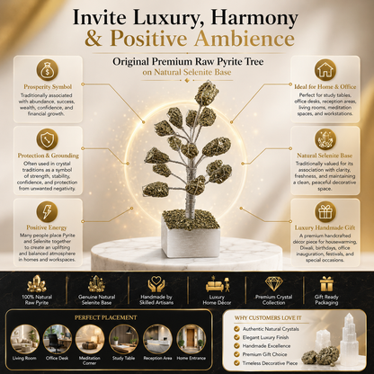 Original Raw Pyrite Crystal Money Tree on Natural Selenite Base | Handmade Prosperity Tree for Home, Office, Vastu & Luxury Décor