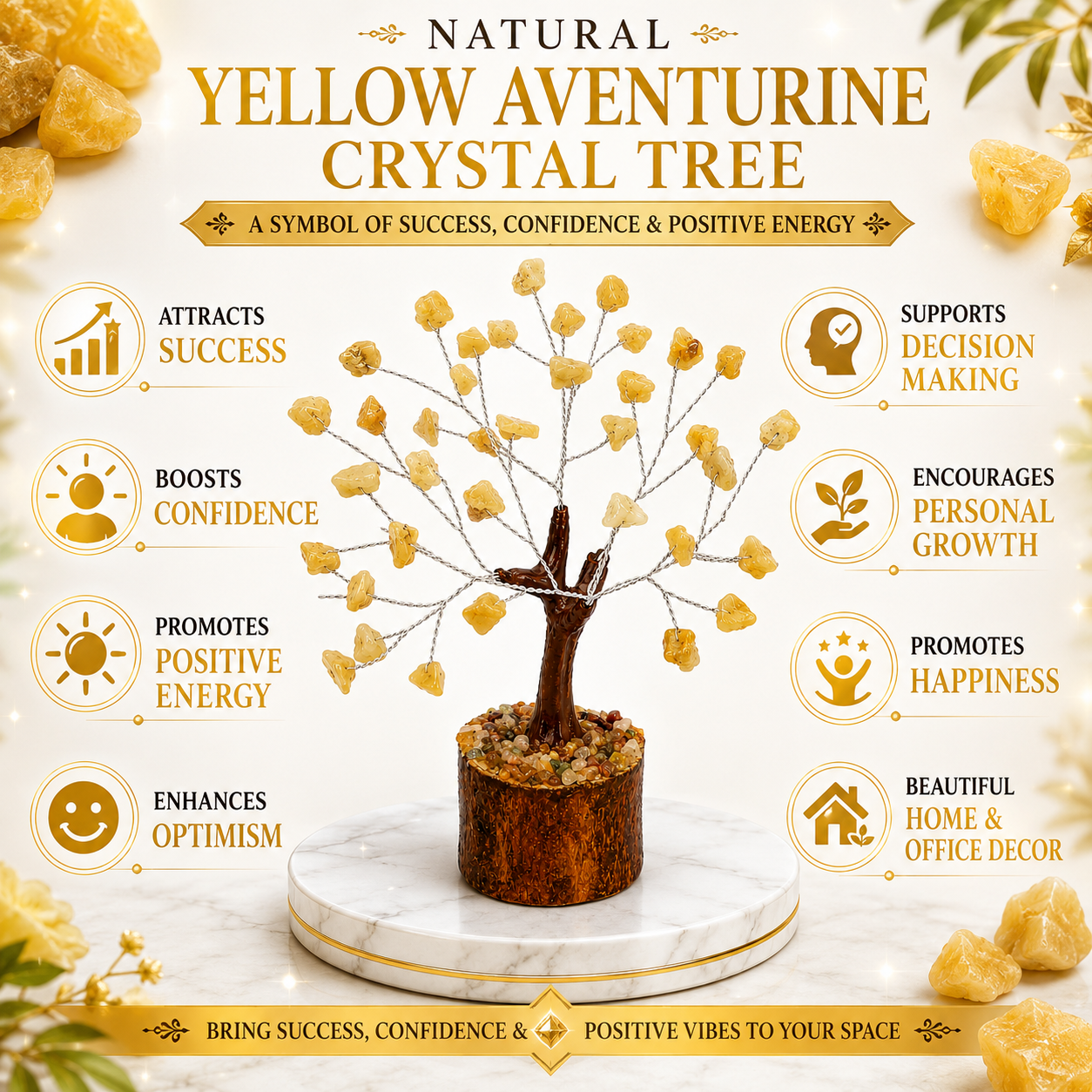 Natural Yellow Aventurine Crystal Tree – Success, Confidence & Positive Energy | 50 Stones | Dhivarashi