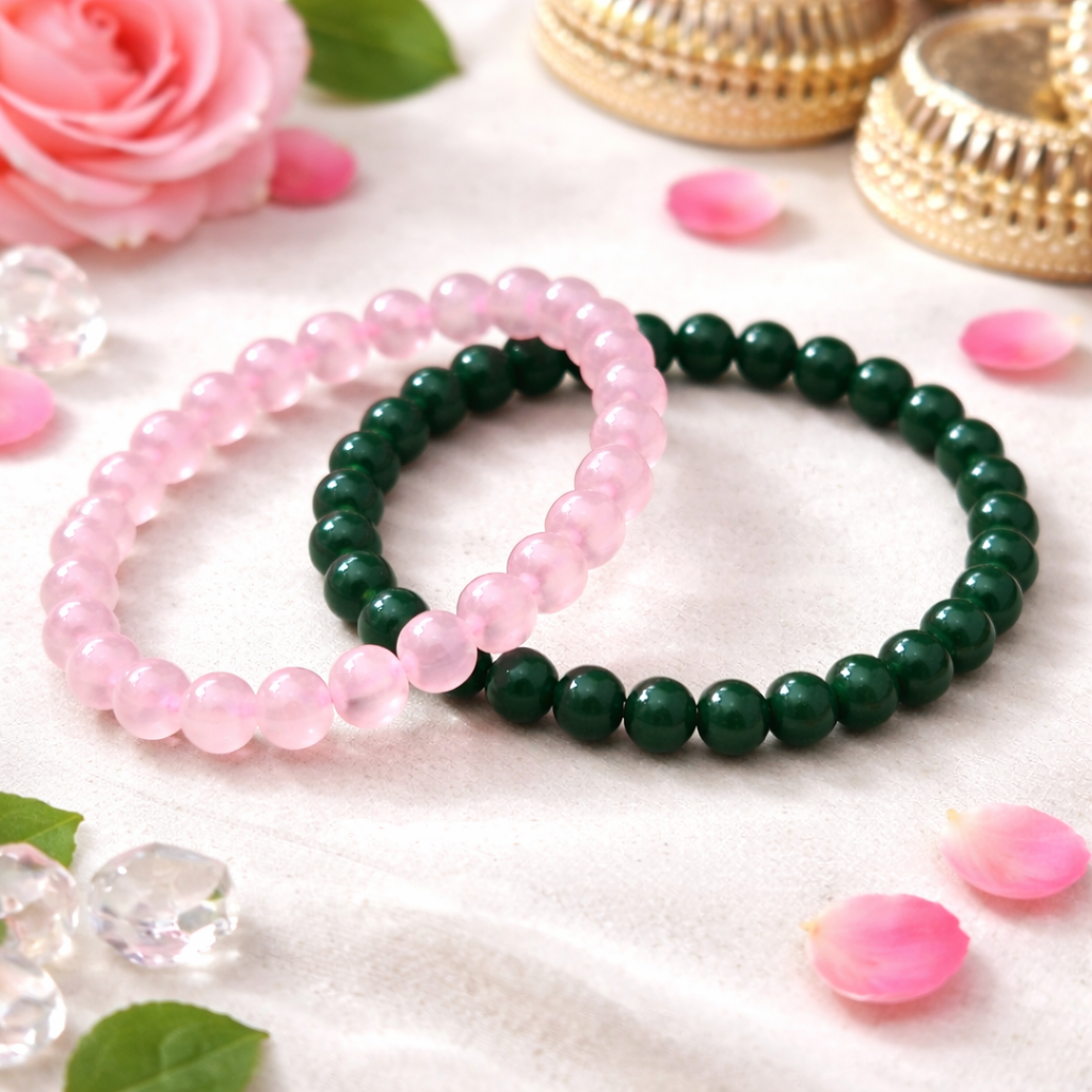 Rose Quartz & Green Jade Couple Bracelet Set – Love & Prosperity Crystal Combo (Set of 2)