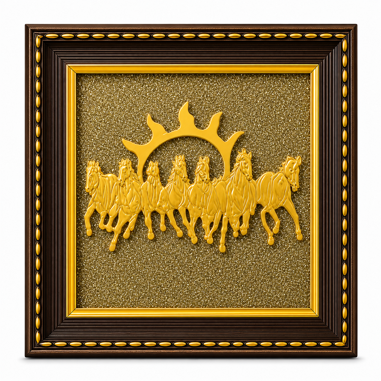 7 Running Horses Vastu Frame on Pyrite Stone with Sun – Prosperity & Success Wall Art