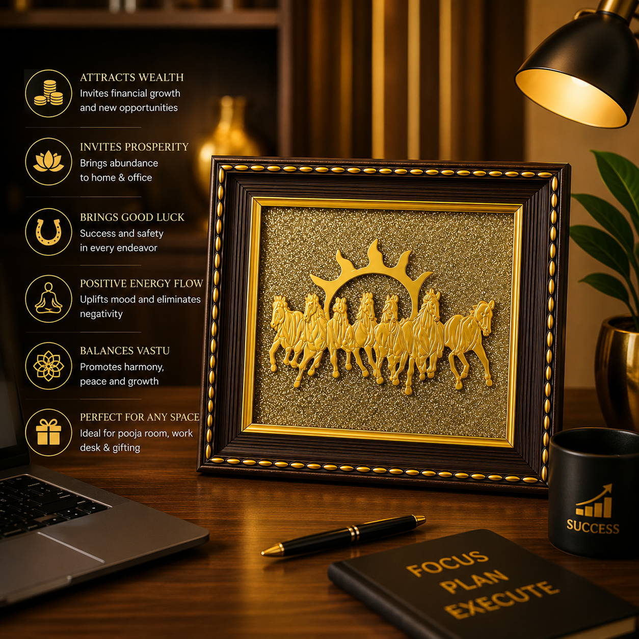 7 Running Horses Vastu Frame on Pyrite Stone with Sun – Prosperity & Success Wall Art