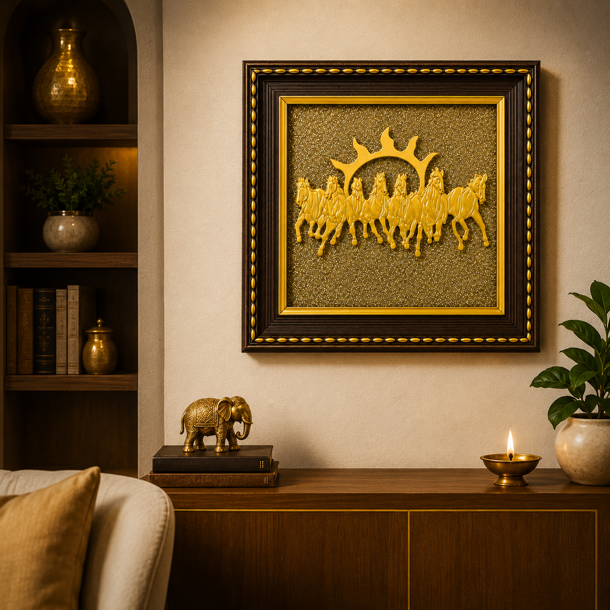 7 Running Horses Vastu Frame on Pyrite Stone with Sun – Prosperity & Success Wall Art