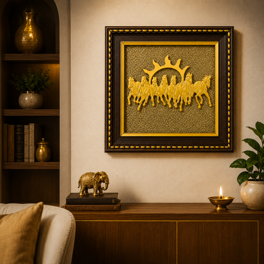 7 Running Horses Vastu Frame on Pyrite Stone with Sun – Prosperity & Success Wall Art