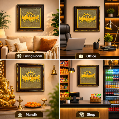 7 Running Horses Vastu Frame on Pyrite Stone with Sun – Prosperity & Success Wall Art