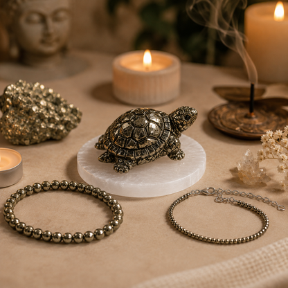 DHIVARASHI Pyrite Dhan Kavach Combo — Natural Pyrite Bracelet, Anklet, Tortoise & Selenite Charging Plate