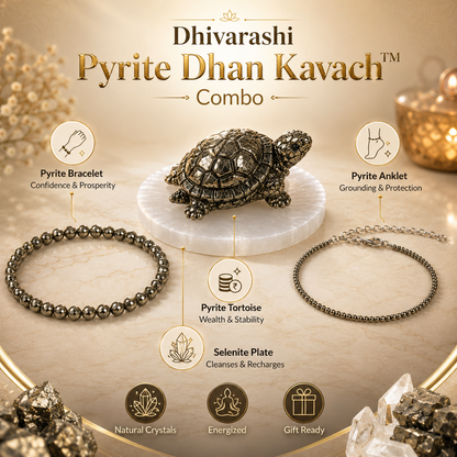DHIVARASHI Pyrite Dhan Kavach Combo — Natural Pyrite Bracelet, Anklet, Tortoise & Selenite Charging Plate