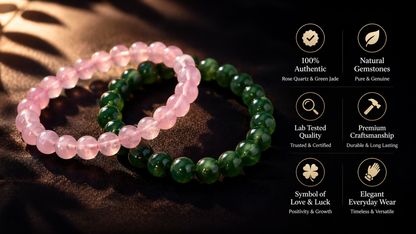 Rose Quartz & Green Jade Couple Bracelet Set – Love & Prosperity Crystal Combo (Set of 2)
