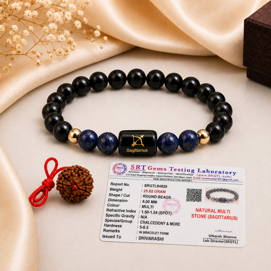 Sagittarius Zodiac Bracelet | Black Obsidian & Lapis Lazuli | Dhanu Rashi