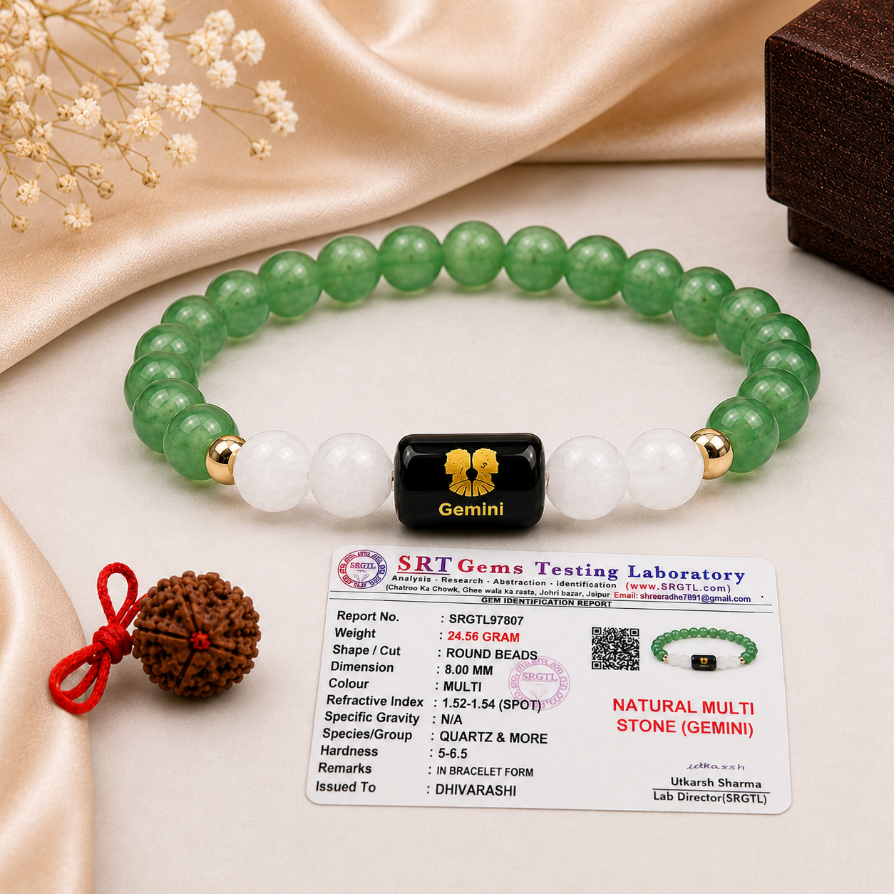Gemini Zodiac Bracelet | Green Aventurine & Milky Quartz | Mithun Rashi