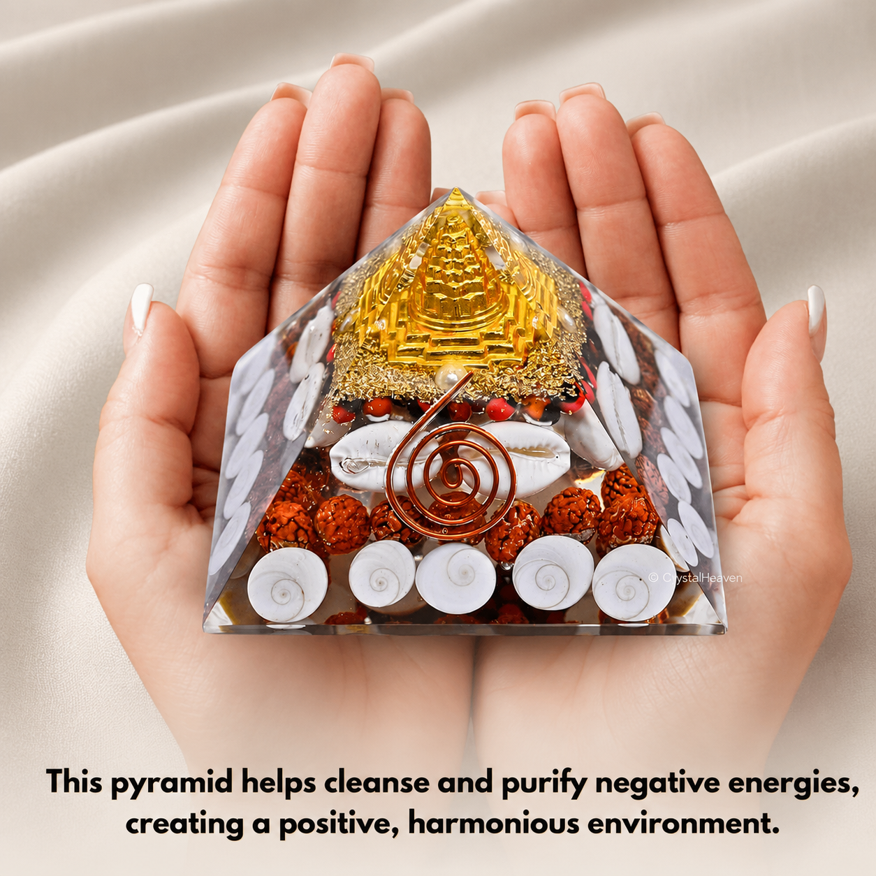 Laxmi Yantra Pyramid | Gomti Chakra Orgonite Pyramid | Sri Yantra, Rudraksha & Copper Coil | Lab Certified | 75mm & 90mm