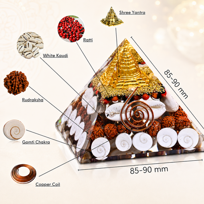 Laxmi Yantra Pyramid | Gomti Chakra Orgonite Pyramid | Sri Yantra, Rudraksha & Copper Coil | Lab Certified | 75mm & 90mm
