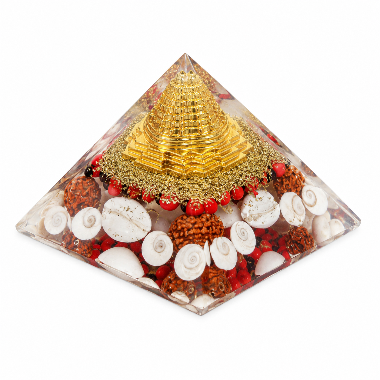 Laxmi Yantra Pyramid | Gomti Chakra Orgonite Pyramid | Sri Yantra, Rudraksha & Copper Coil | Lab Certified | 75mm & 90mm