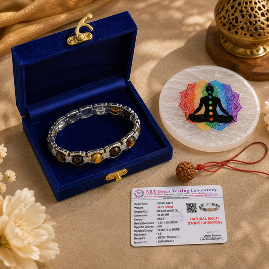 DhanYog Metal Bracelet – Pyrite, Citrine, Tiger Eye, Green Aventurine & Clear Quartz | Dhivarashi