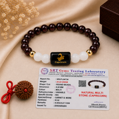 Capricorn Zodiac Bracelet – Certified Garnet & Milky Quartz | Dhivarashi