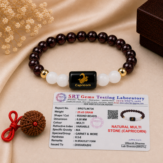 Capricorn Zodiac Bracelet – Certified Garnet & Milky Quartz | Dhivarashi
