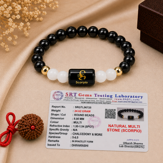 Scorpio Zodiac Bracelet | Black Obsidian & Milky Quartz | Vrishchik Rashi