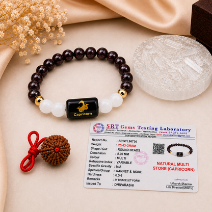 Capricorn Zodiac Bracelet – Certified Garnet & Milky Quartz | Dhivarashi
