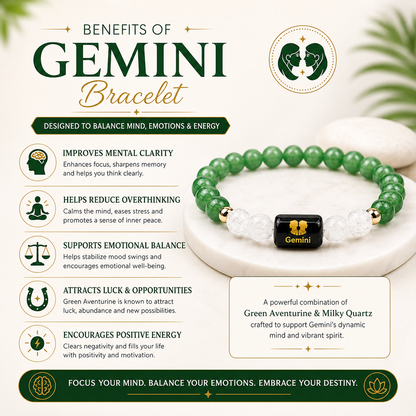 Gemini Zodiac Bracelet (मिथुन राशि) for Men & Women | Green Aventurine & Milky Quartz Crystal Bracelet for Emotional Balance, Focus & Positive Energy | Astrology Healing Bracelet Gift