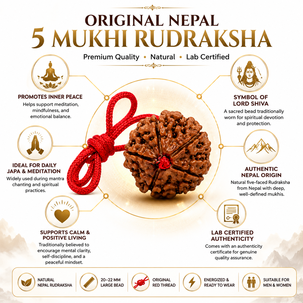 Dhivarashi Nepal 5 Mukhi Rudraksha | Lab Certified | 20–22mm