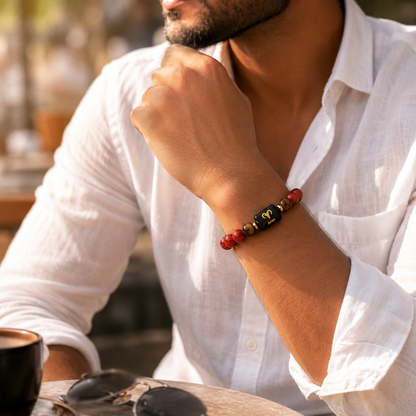 Aries Zodiac Bracelet (मेष राशि) | Natural Red Jasper & Tiger Eye | Courage, Confidence & Motivation | Crystal Bracelet for Men & Women