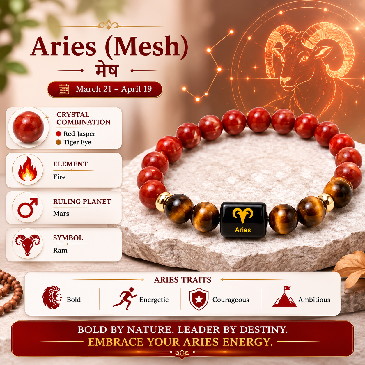 Aries Zodiac Bracelet (मेष राशि) | Natural Red Jasper & Tiger Eye | Courage, Confidence & Motivation | Crystal Bracelet for Men & Women